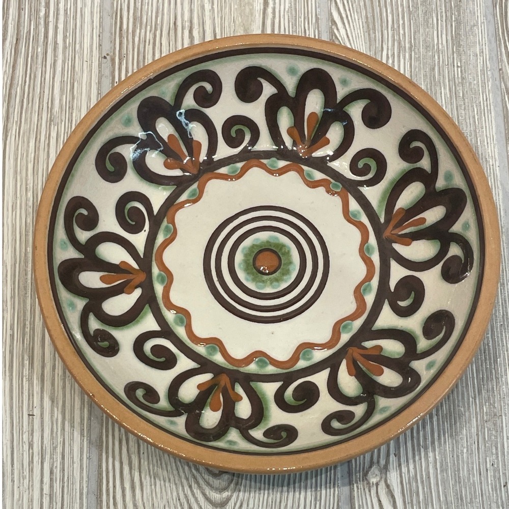 Vintage Ukrainian Hand Painted Pottery Bowl Terracotta Folk Art Ceramic 7.25"